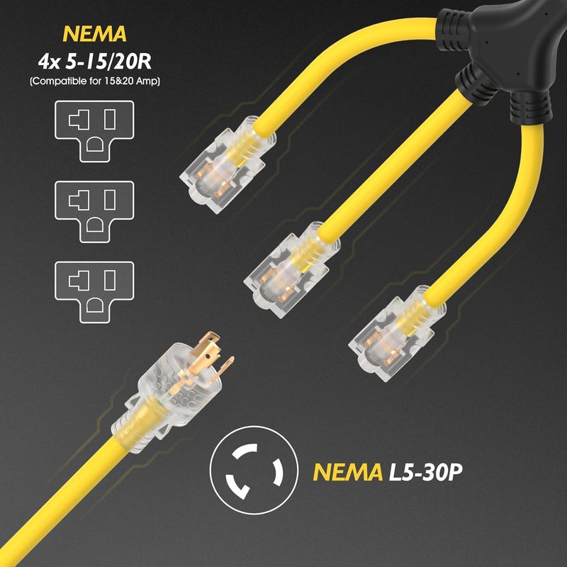 TOOLIOM 30 Amp Generator Adapter Cord Power Splitter, NEMA L5-30P to 3 x 5-15R/5-20R Household Plug, ETL Listed Generator Extension Cord 125V 3750W Stow 12AWG/3C (2 FT) - Image 3